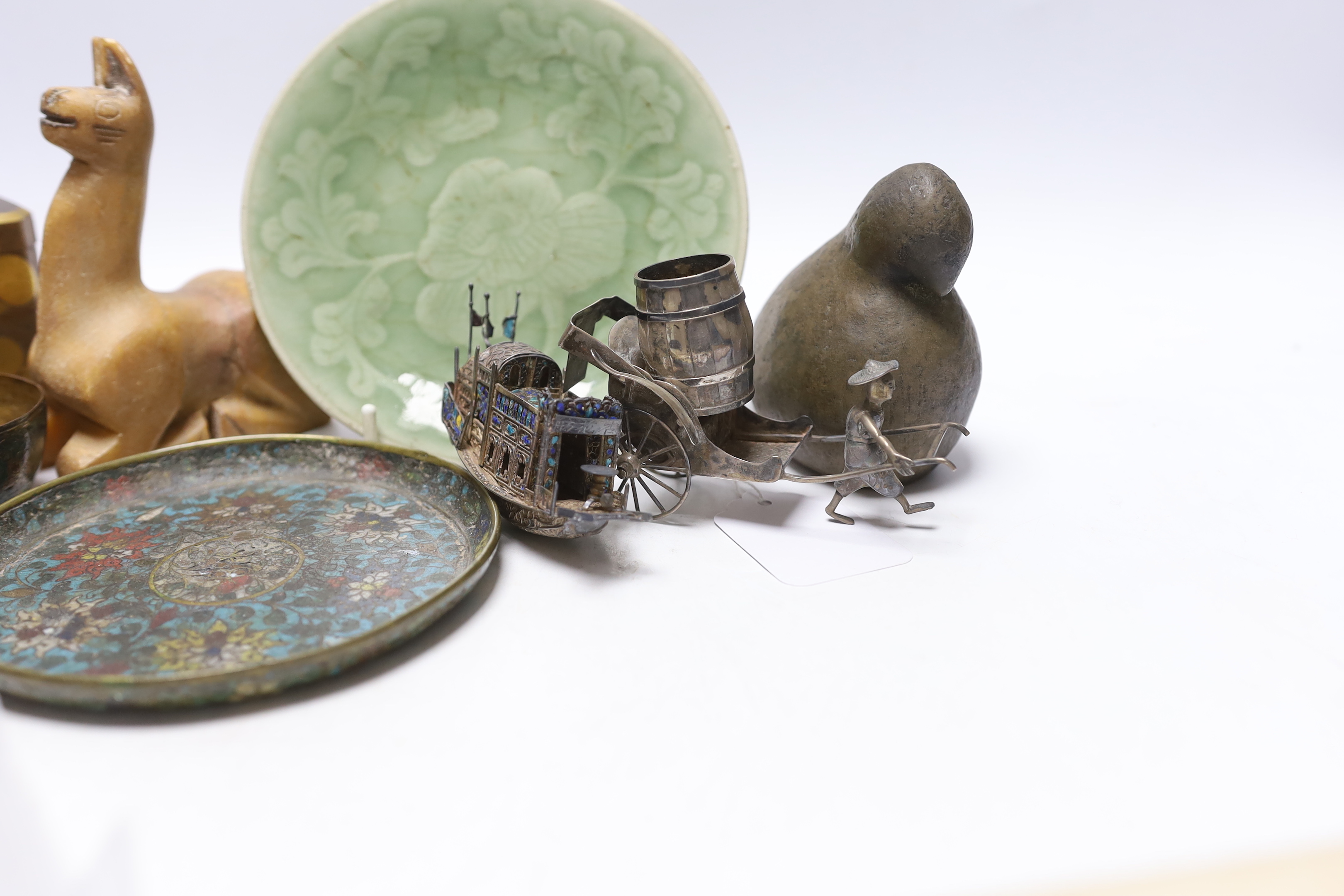A Japanese lacquer three tier box and enamelled white metal miniature junk, gaming counters and sundries